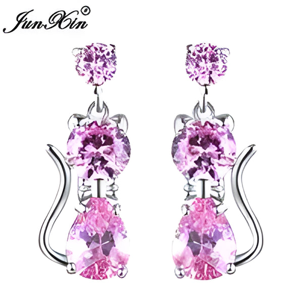 Silver-Tone Pink Crystal Cat-Shaped Teardrop Drop Earrings