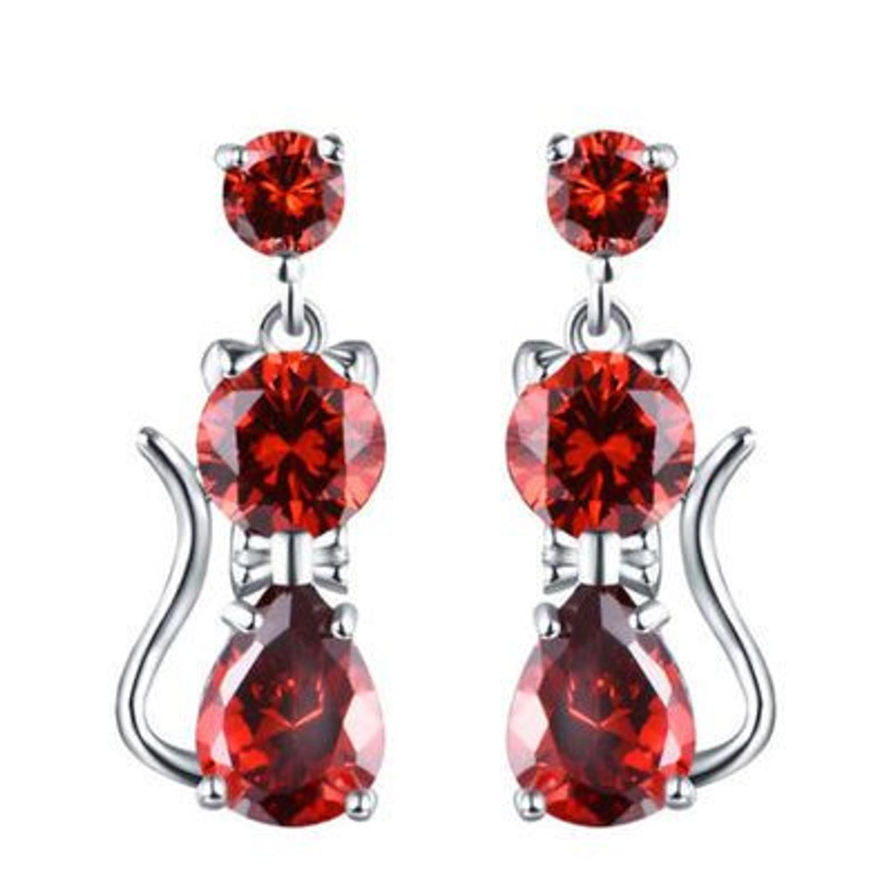 Silver-Tone Garnet Red Crystal Cat Drop Earrings