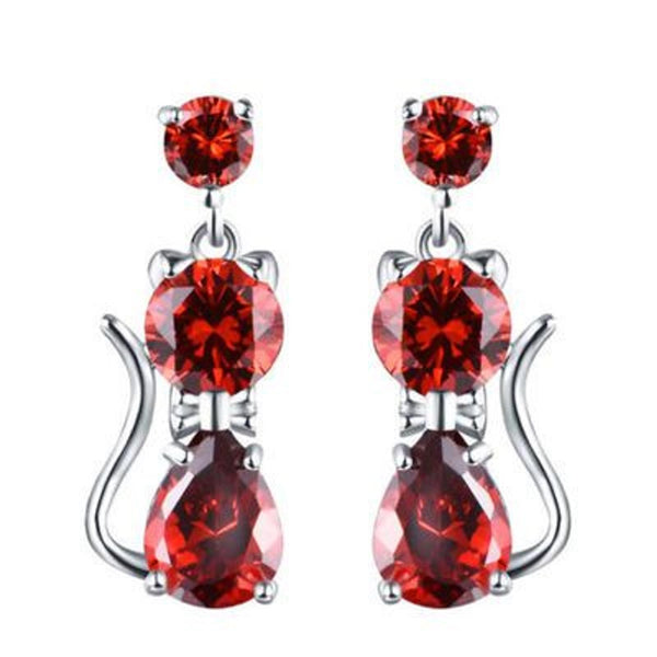 Silver-Tone Garnet Red Crystal Cat Drop Earrings