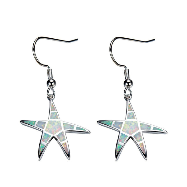 Sterling Silver White Simulated Opal Starfish Drop Earrings