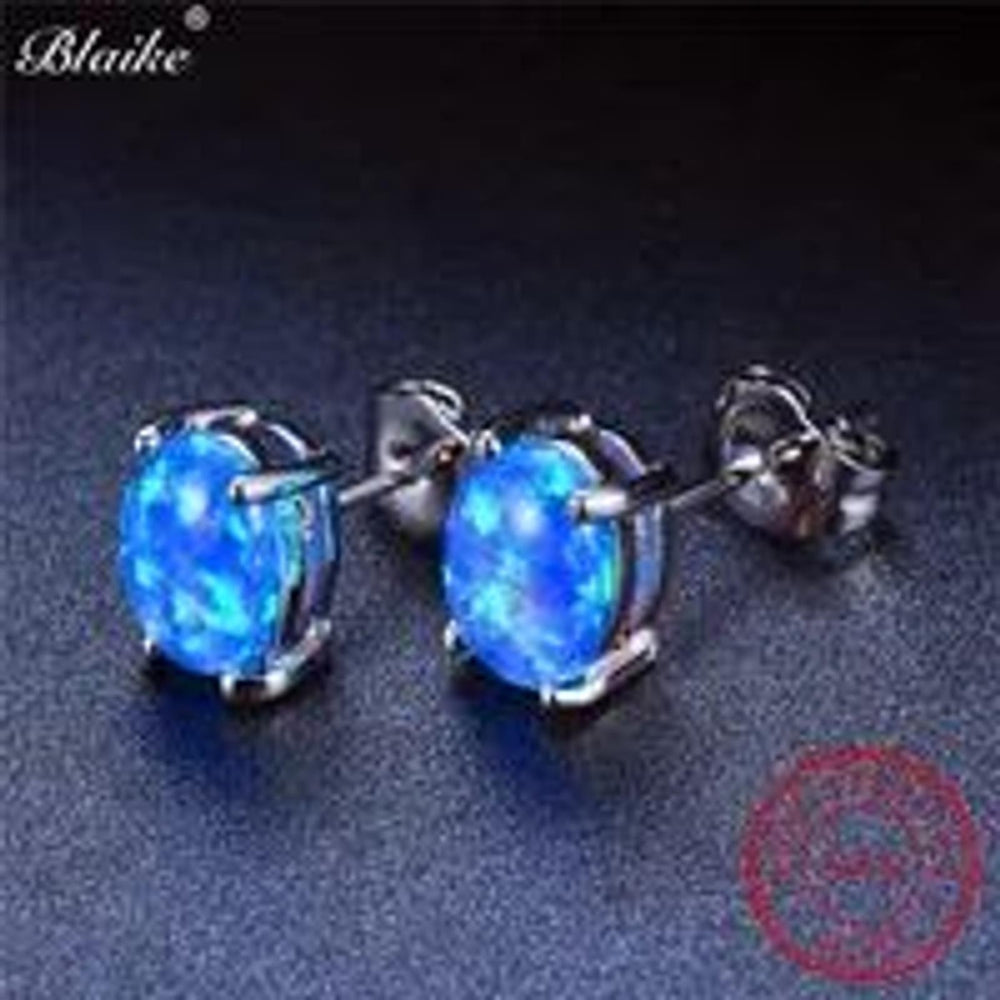 Sterling Silver Blue Oval Simulated Opal Drop Earrings