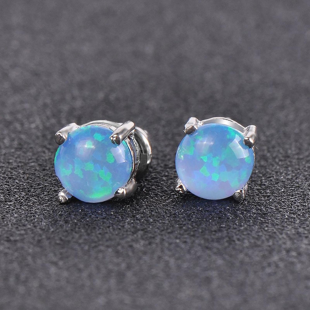 Silver-Tone Blue Round Simulated Opal Stud Earrings