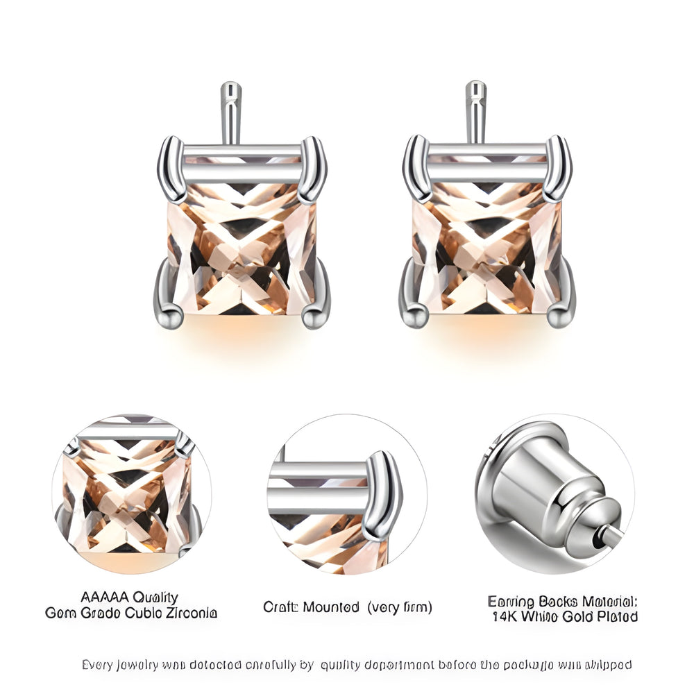 Silver-Tone Champagne Crystal Princess-Cut Square Stud Earrings