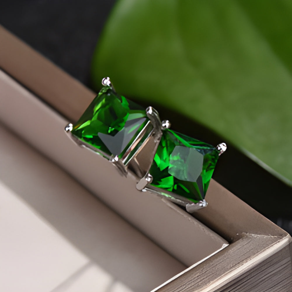 Silver-Tone Emerald Green Crystal Princess-Cut Stud Earrings