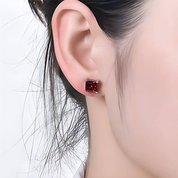 Silver-Tone Red Square Crystal Four-Prong Stud Earrings
