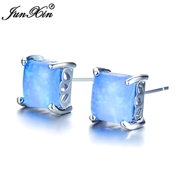 Silver-Tone Square Blue Simulated Opal Openwork Stud Earrings