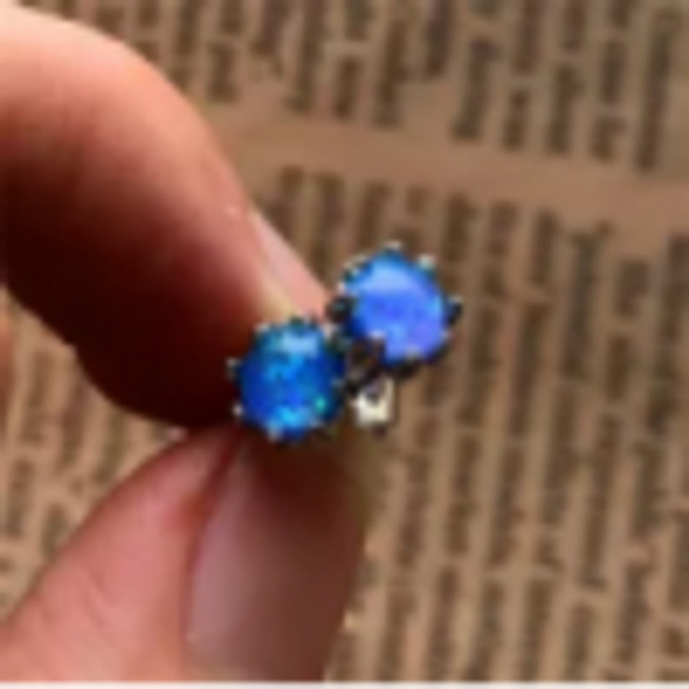 Sterling Silver Eight-Prong Blue Round Simulated Opal Stud Earrings
