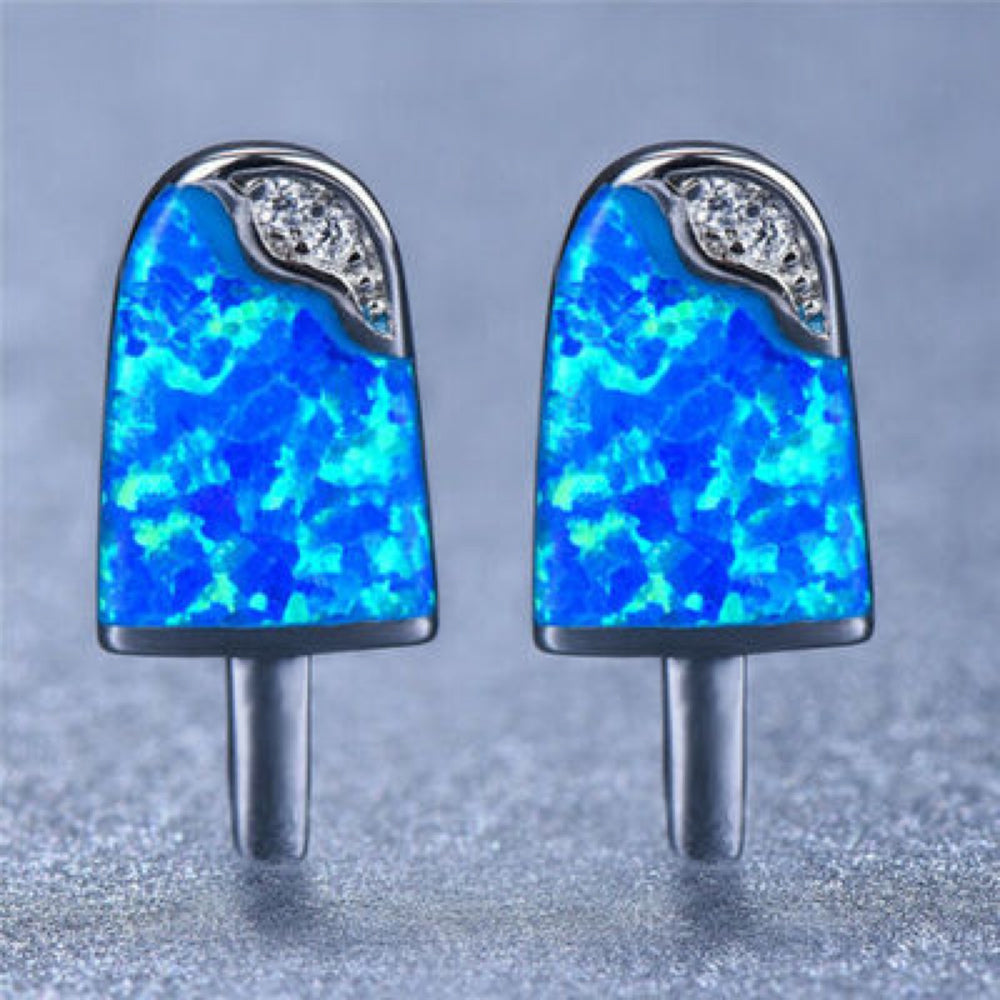 Rose Gold-Tone Blue Simulated Opal Popsicle Stud Earrings