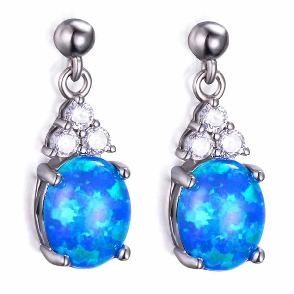 Silver-Tone Oval Blue Simulated Opal Drop Earrings With Crystal Trio