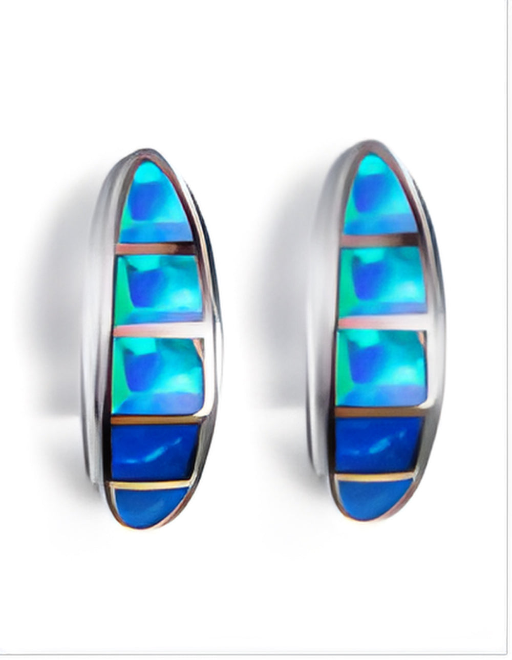 Silver-Tone Blue Simulated Opal Five-Stone Inlay Curved Oval Stud Earrings