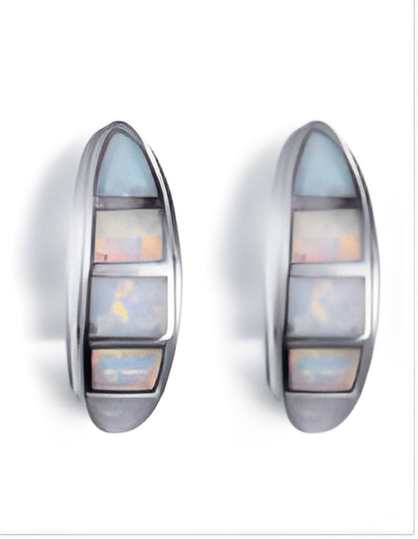 Silver-Tone White Simulated Opal Five-Stone Inlay Curved Oval Stud Earrings