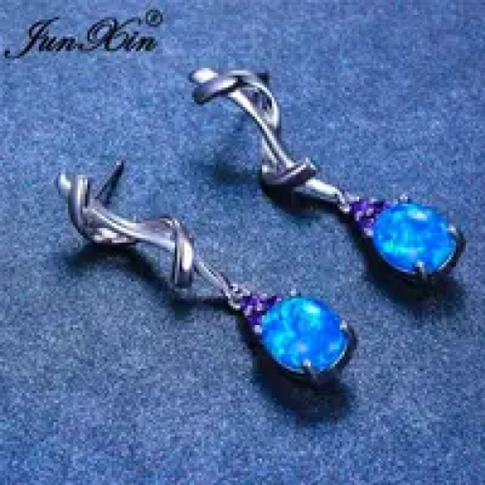 Silver-Tone Blue Oval Simulated Opal Stud Earrings
