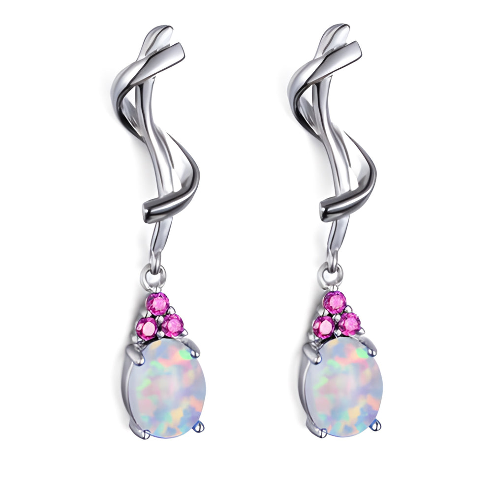 Silver-Tone White Simulated Opal Rose-Red Crystal Twist Drop Earrings