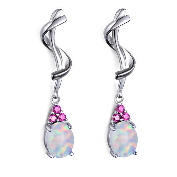 Silver-Tone White Simulated Opal Rose-Red Crystal Twist Drop Earrings