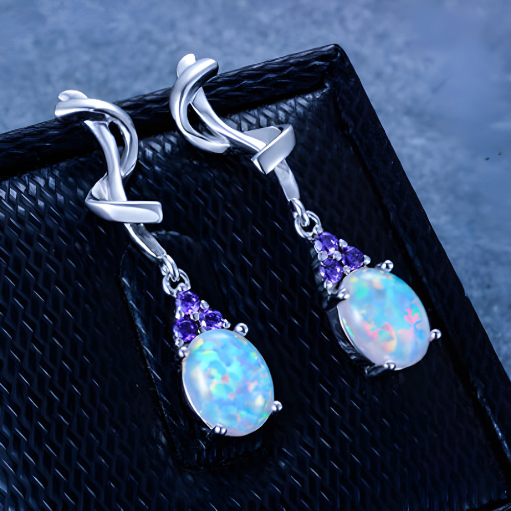 Silver-Tone Oval White Simulated Opal Drop Earrings With Purple Crystals