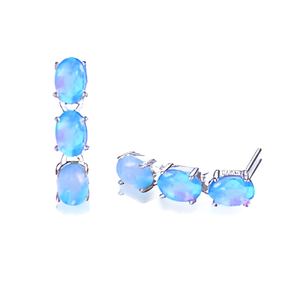 Silver-Tone Triple Oval Blue Simulated Opal Linear Drop Earrings