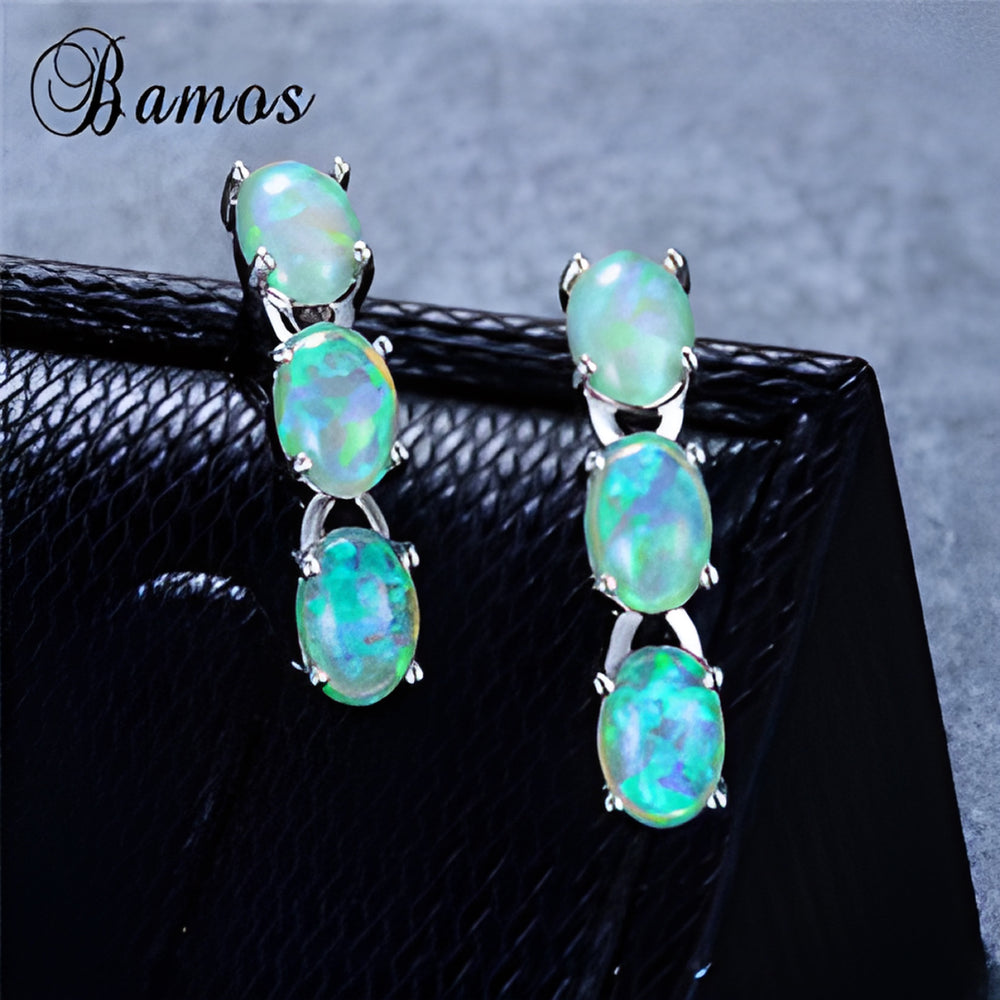 Silver-Tone Triple Oval Green Simulated Opal Linear Drop Earrings