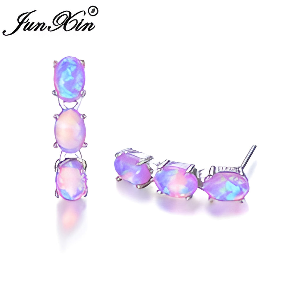 Silver-Tone Triple Oval Purple Simulated Opal Linear Drop Earrings