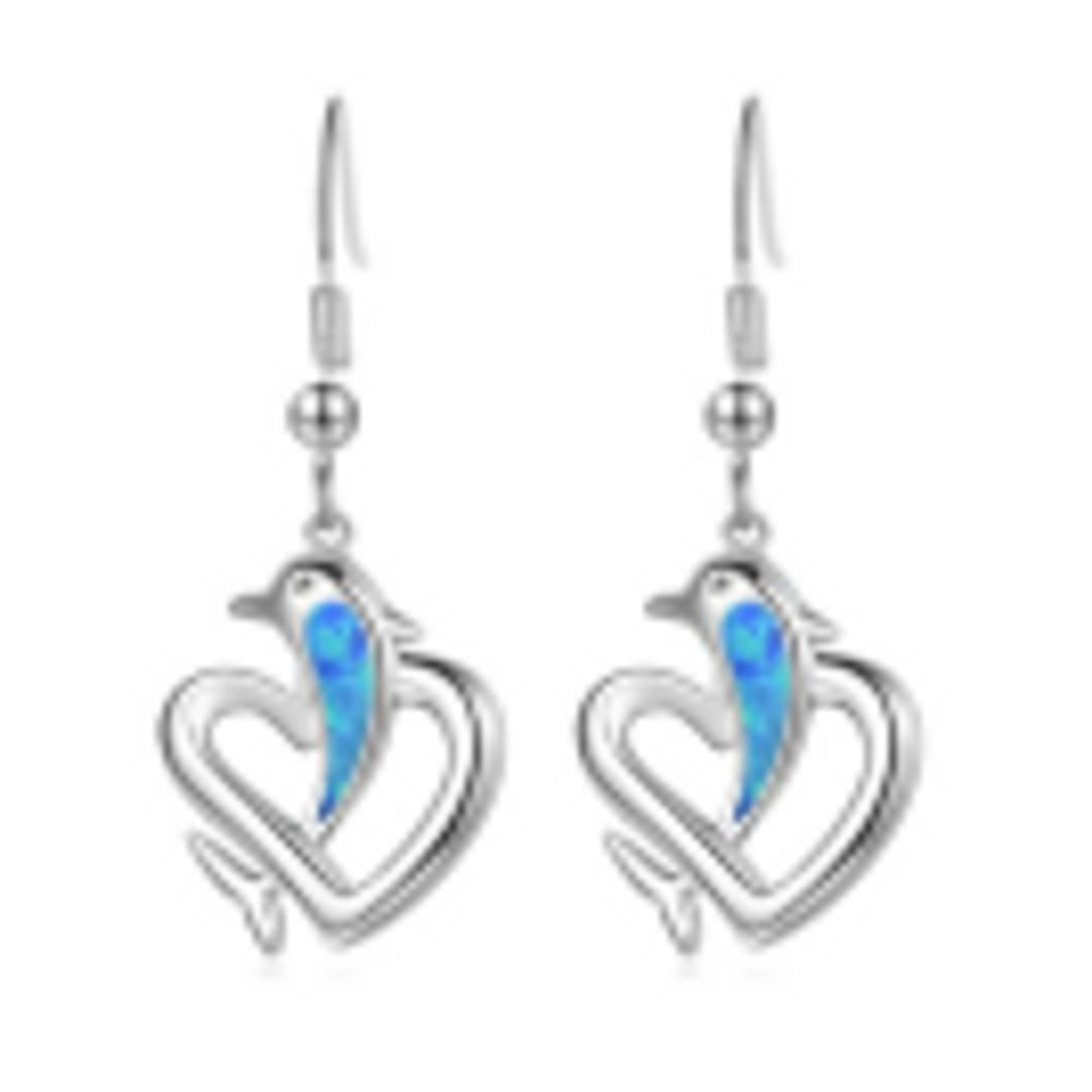 Silver-Tone White Heart Simulated Opal Dolphin Drop Earrings