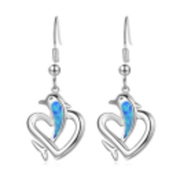 Silver-Tone White Heart Simulated Opal Dolphin Drop Earrings