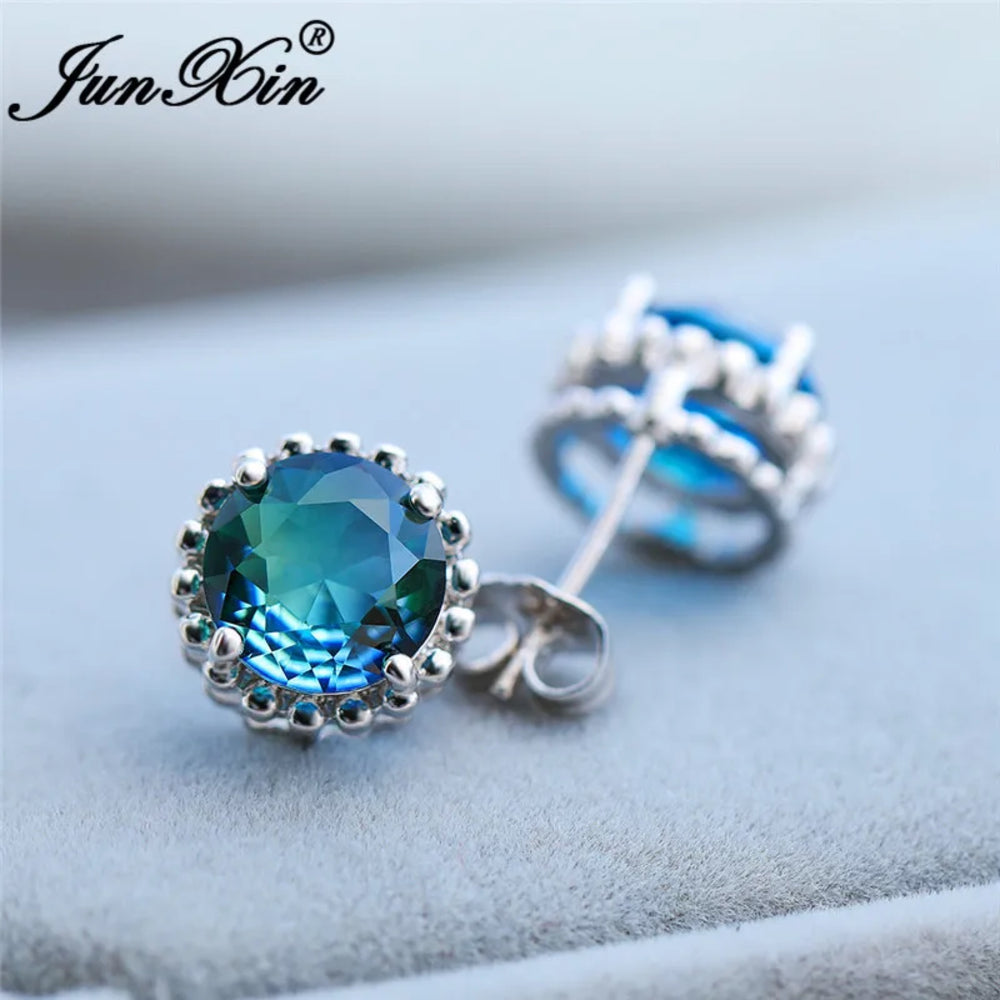 Silver-Tone Blue-Green Round Crystal Crown Bezel Stud Earrings