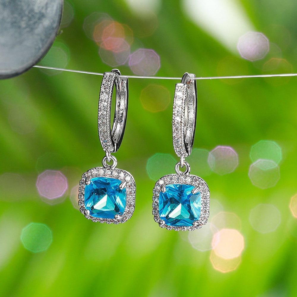 Silver-Tone Four-Prong Aqua Crystal Drop Earrings
