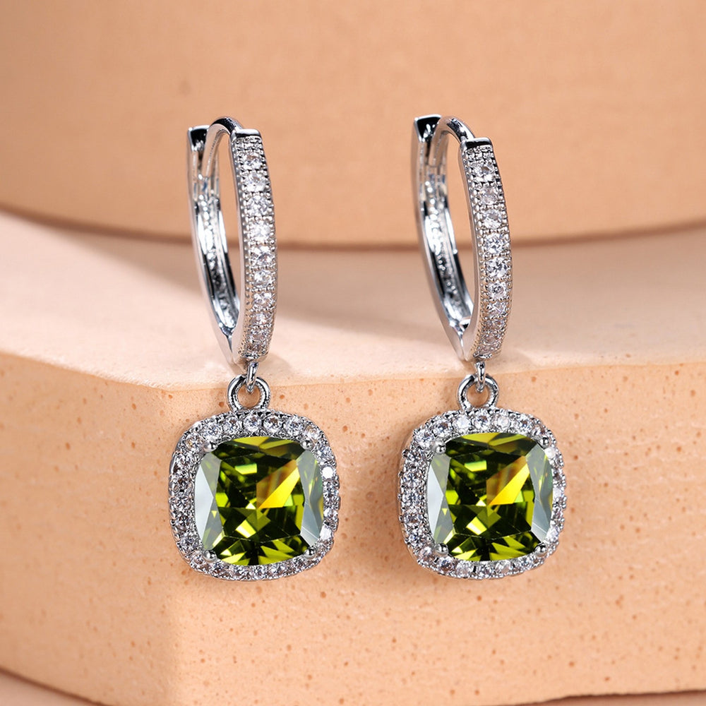 Silver-Tone Four-Prong Olive Green Crystal Drop Earrings