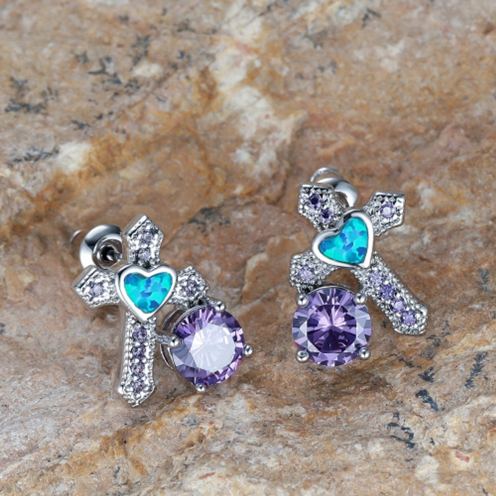 Silver-Tone Purple Crystal Cross Stud Earrings