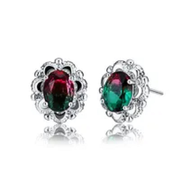 Silver-Tone Four-Prong Green Oval Crystal Scalloped Stud Earrings