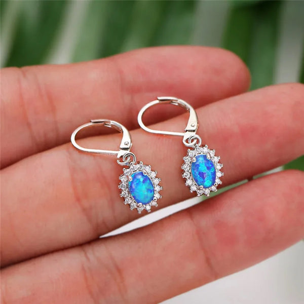 Silver-Tone Blue Simulated Opal Oval Sunflower Crystal Halo Drop Earrings