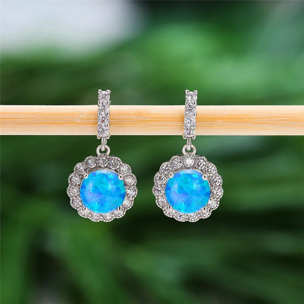 Silver-Tone Blue Simulated Opal Round Scalloped Crystal Halo Drop Earrings