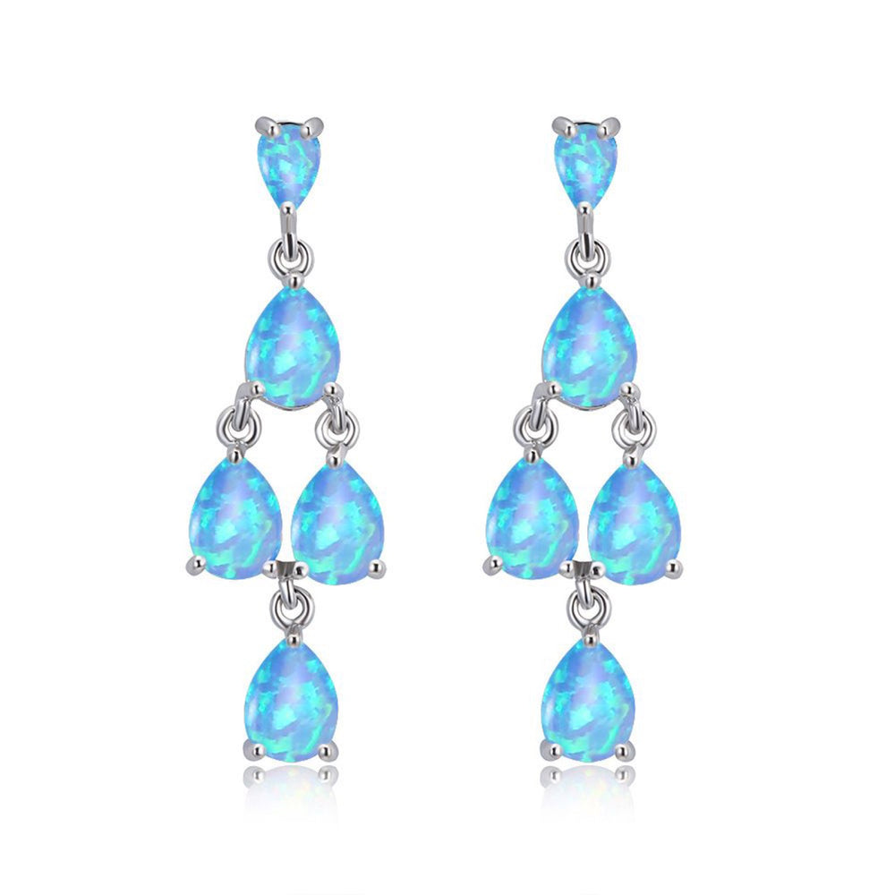 Silver-Tone Teardrop Blue Simulated Opal Chandelier Drop Earrings