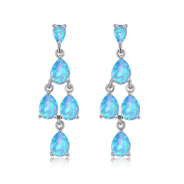 Silver-Tone Teardrop Blue Simulated Opal Chandelier Drop Earrings