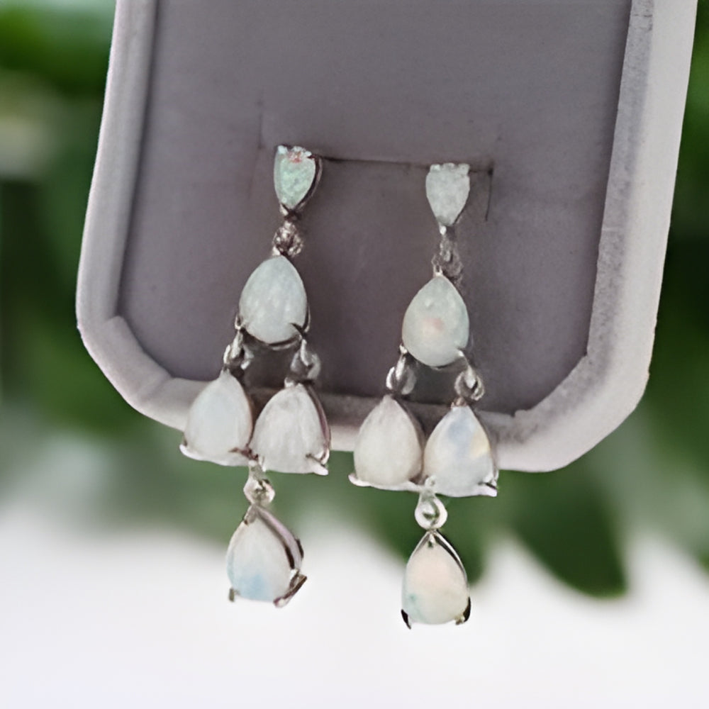 Silver-Tone White Simulated Opal Five-Stone Teardrop Chandelier Drop Earrings