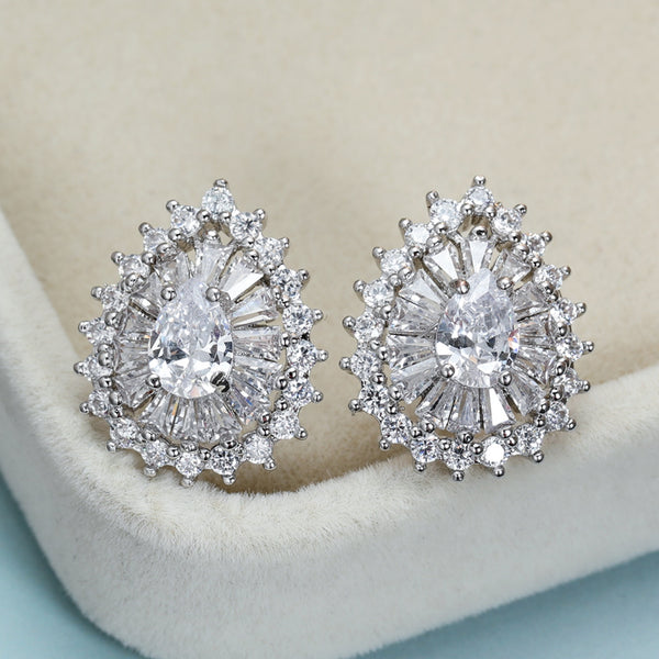 Silver-Tone White Crystal Teardrop Halo Stud Earrings