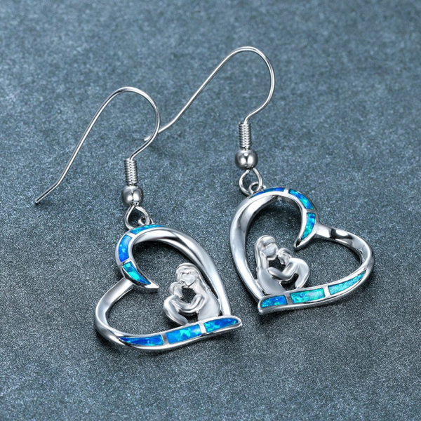 Silver-Tone Blue Simulated Opal Mother & Child Open Heart Drop Earrings