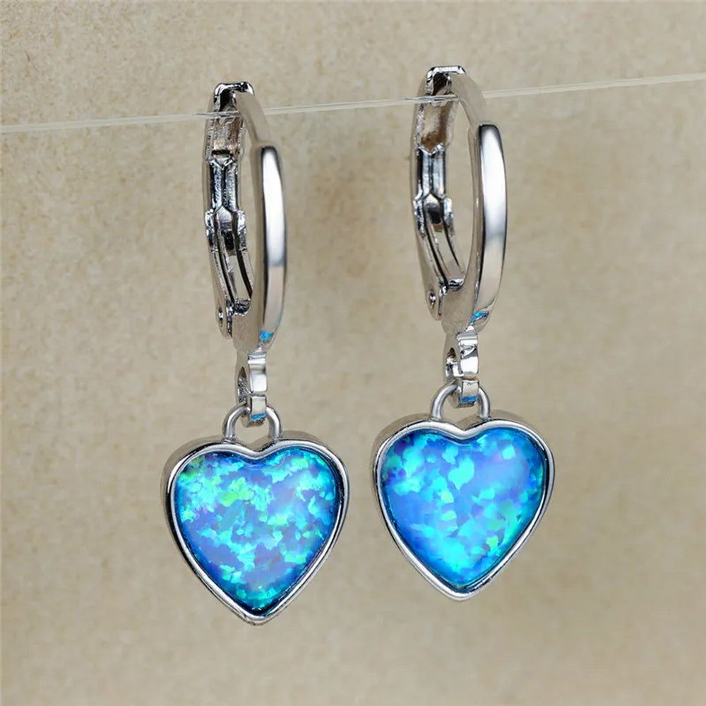 Silver-Tone White Simulated Opal Heart Drop Earrings