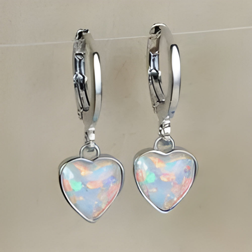 Silver-Tone White Simulated Opal Heart Charm Hoop Drop Earrings