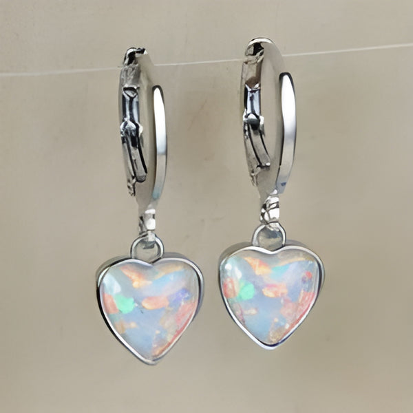 Silver-Tone White Simulated Opal Heart Charm Hoop Drop Earrings