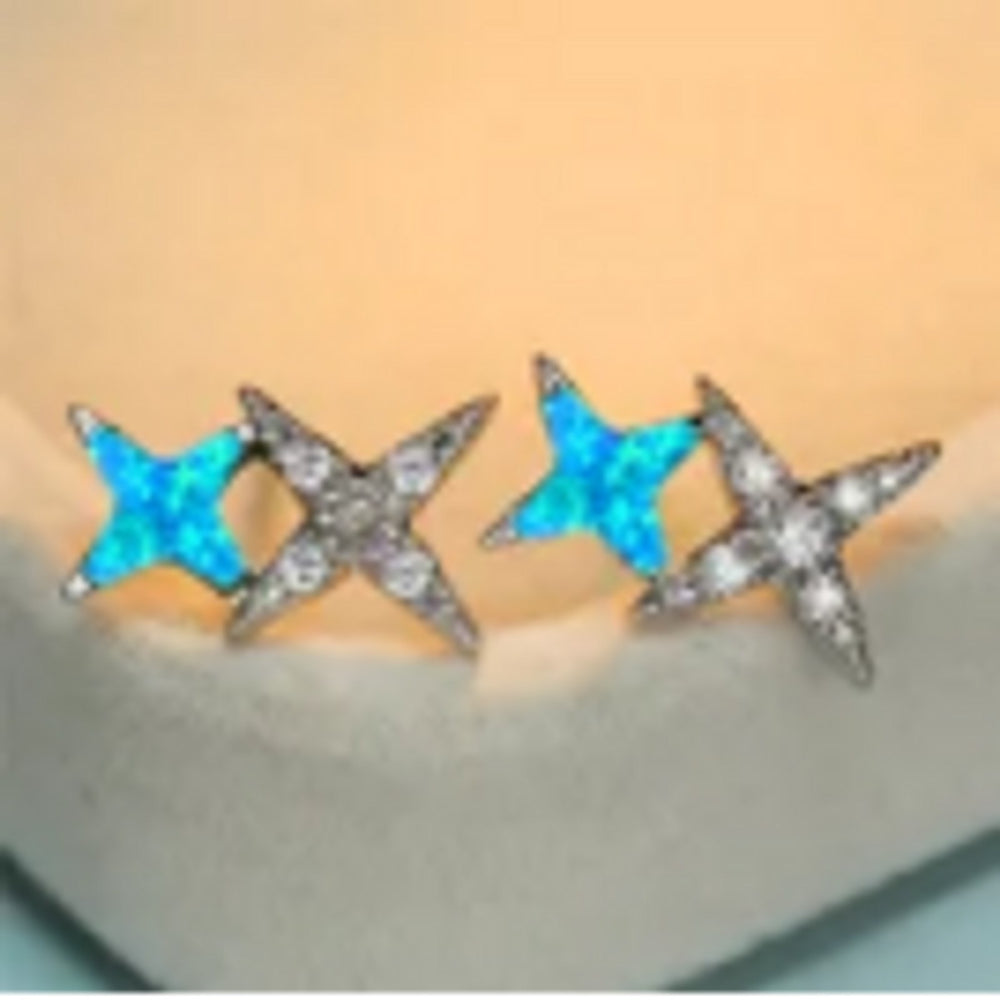 Silver-Tone Blue Simulated Opal Star Drop Earrings