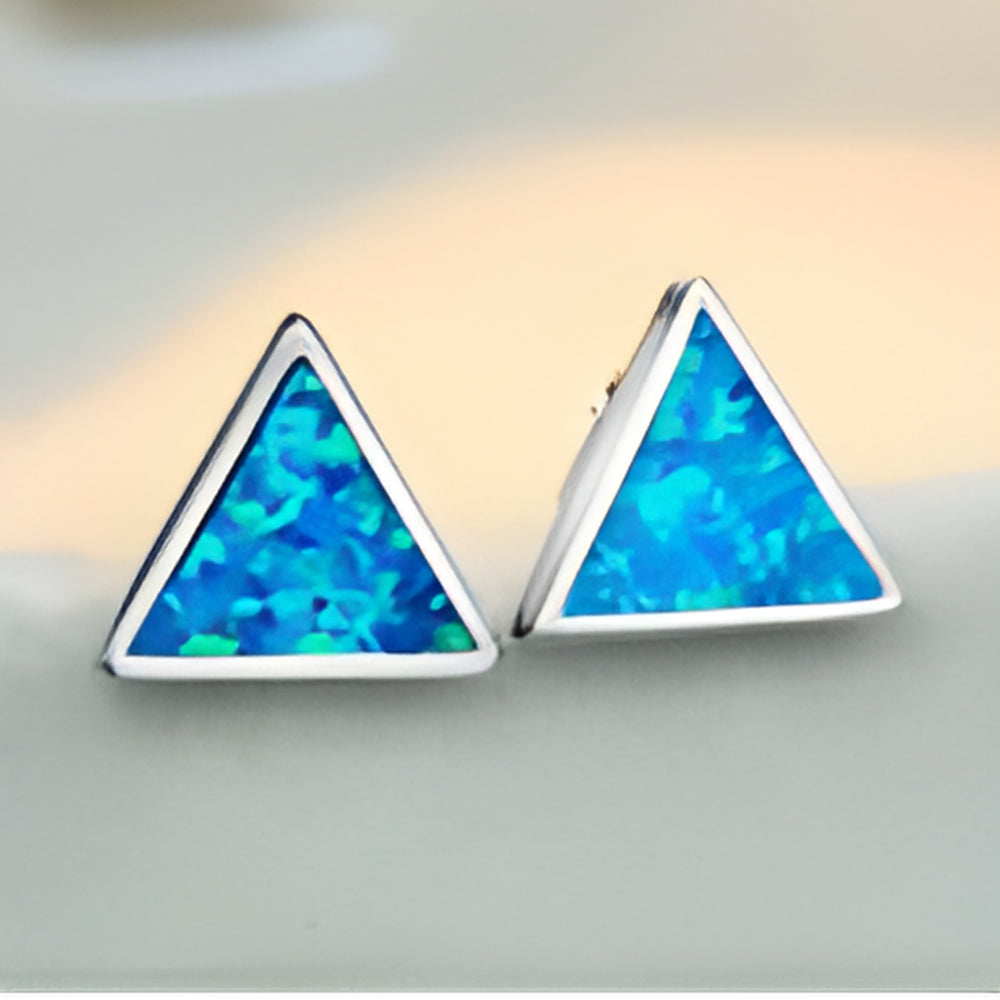 Silver-Tone Triangle Blue Simulated Opal Inlay Stud Earrings