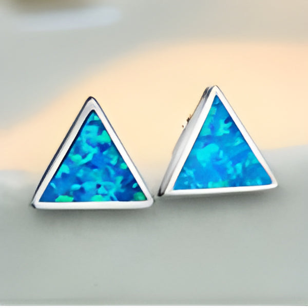 Silver-Tone Triangle Blue Simulated Opal Inlay Stud Earrings