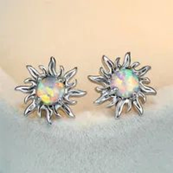 Silver-Tone White Simulated Opal Sunflower Stud Earrings