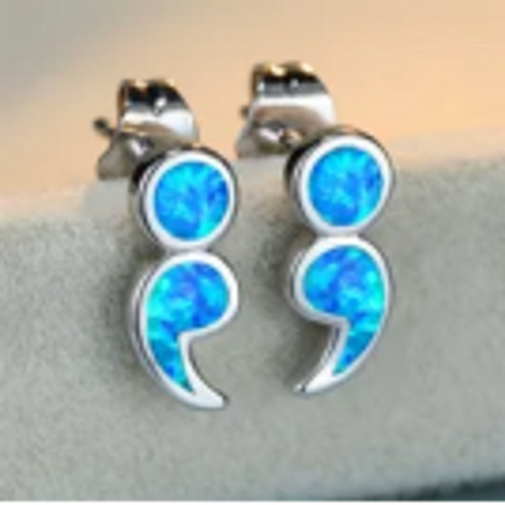 Silver-Tone Blue Simulated Opal Stud Earrings