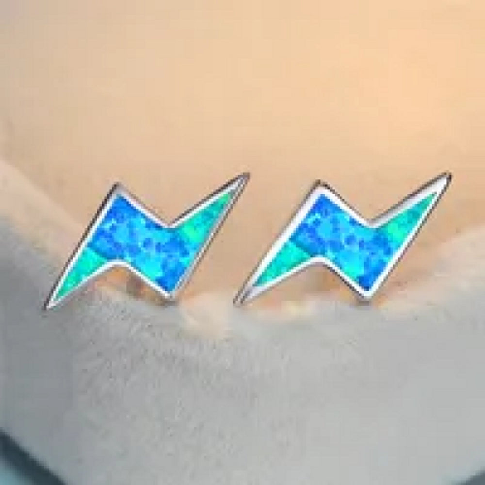Silver-Tone Blue Simulated Opal Lightning Bolt Stud Earrings