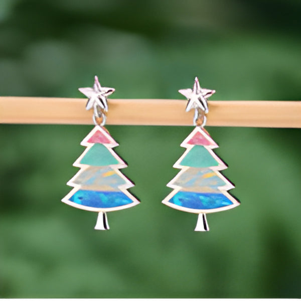 Silver-Tone Multicolor Simulated Opal Christmas Tree & Star Stud Earrings