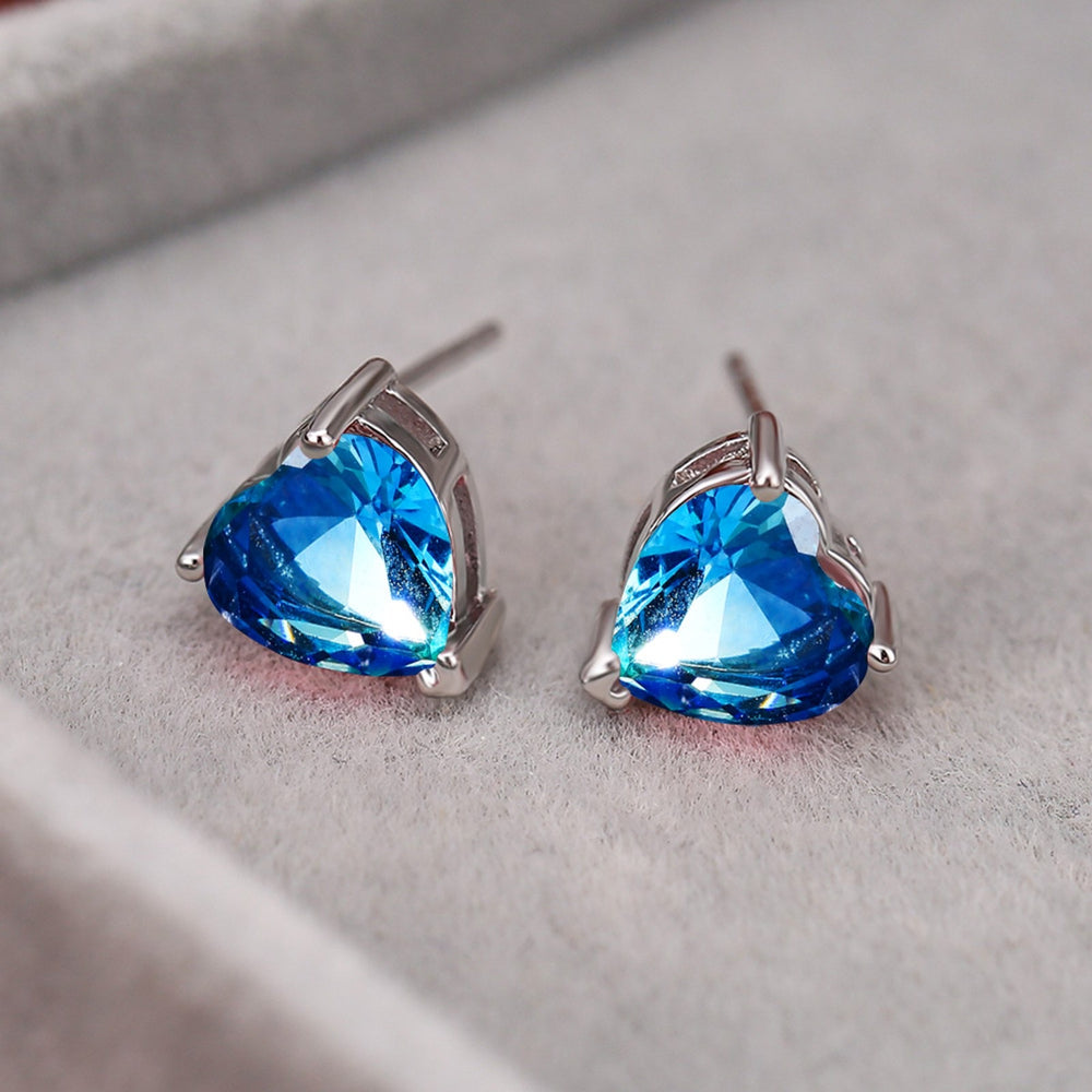 Silver-Tone Blue-Green Crystal Heart Stud Earrings