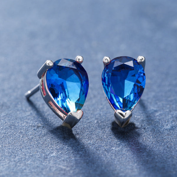 Silver-Tone Blue-Green Ombre Crystal Teardrop Stud Earrings