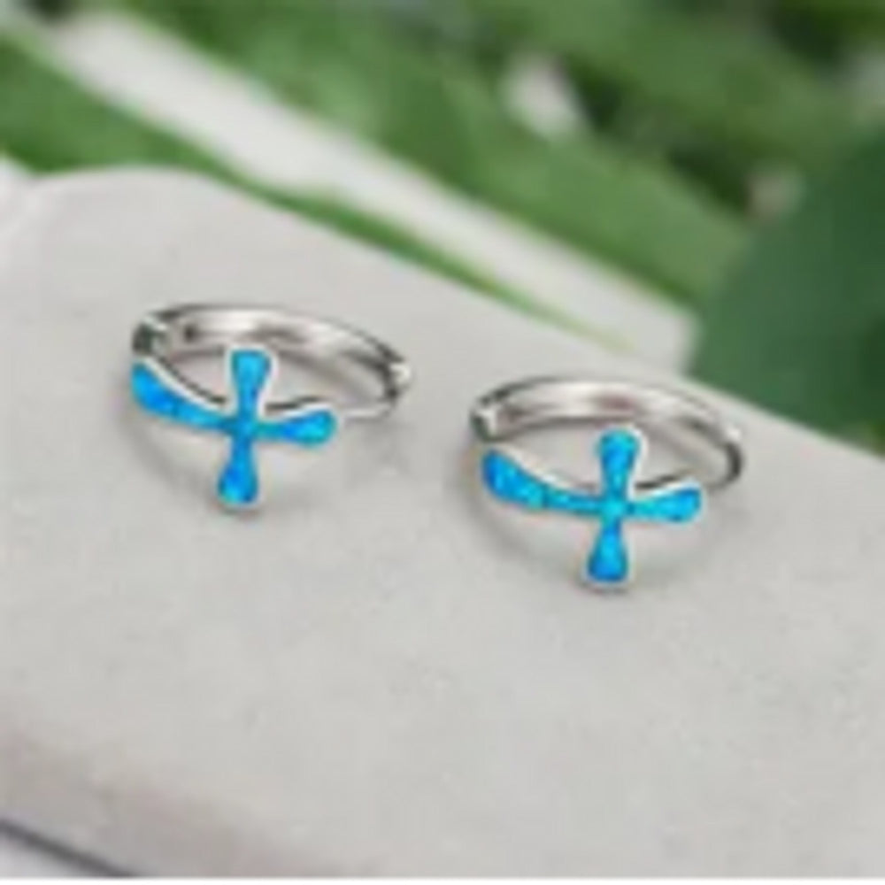 Silver-Tone Blue Simulated Opal Cross Stud Earrings