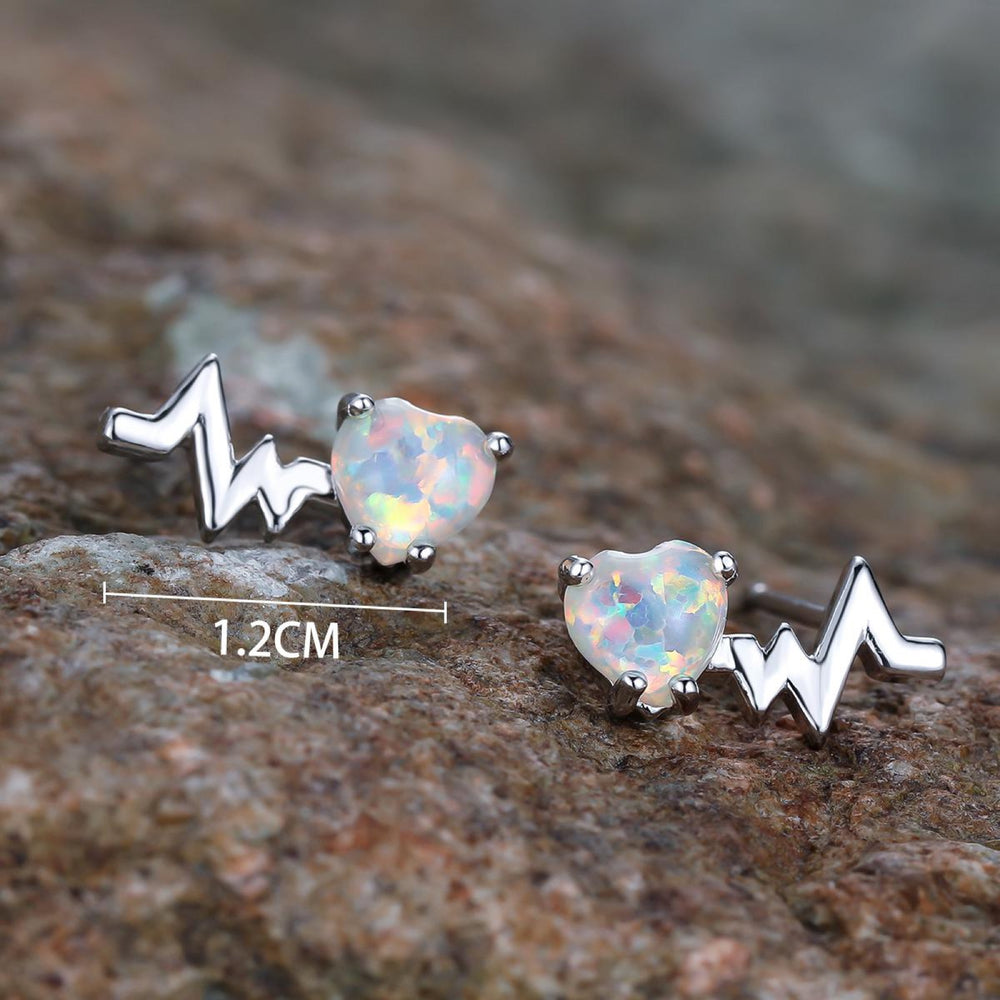 Silver-Tone Heartbeat Stud Earrings With Heart-Shaped White Simulated Opal